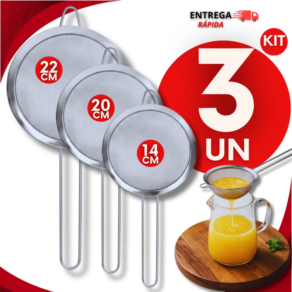 Jogo 3 Peneiras 14cm 20cm 22cm Utensílio Coador Alimentos Farinha Açucar Coar Suco Aço Inox Resistente Confeitaria Casa