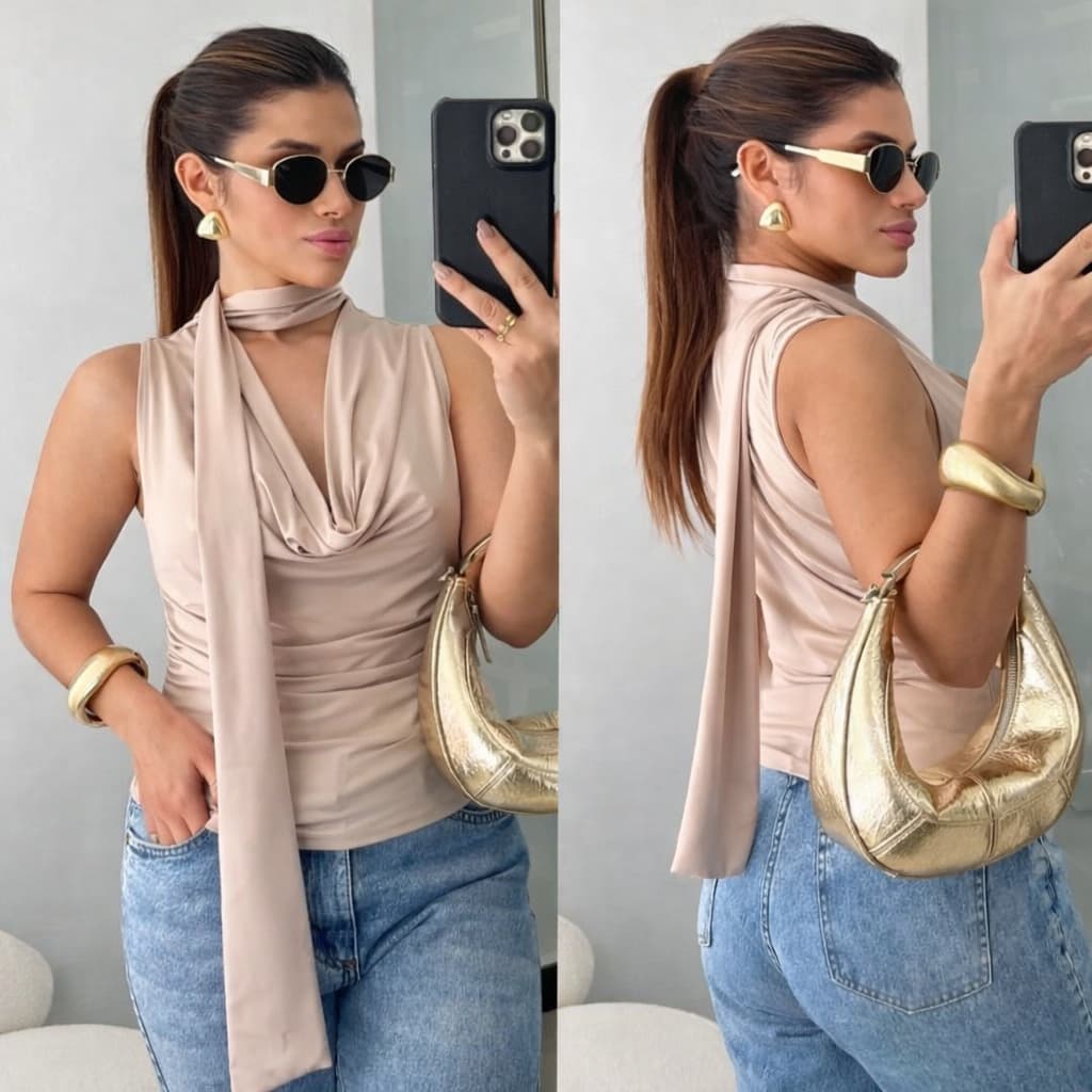 Blusa Regata Feminina Amarração Gola Alongada  Estilosa Camisa Básica Chique Tendência.