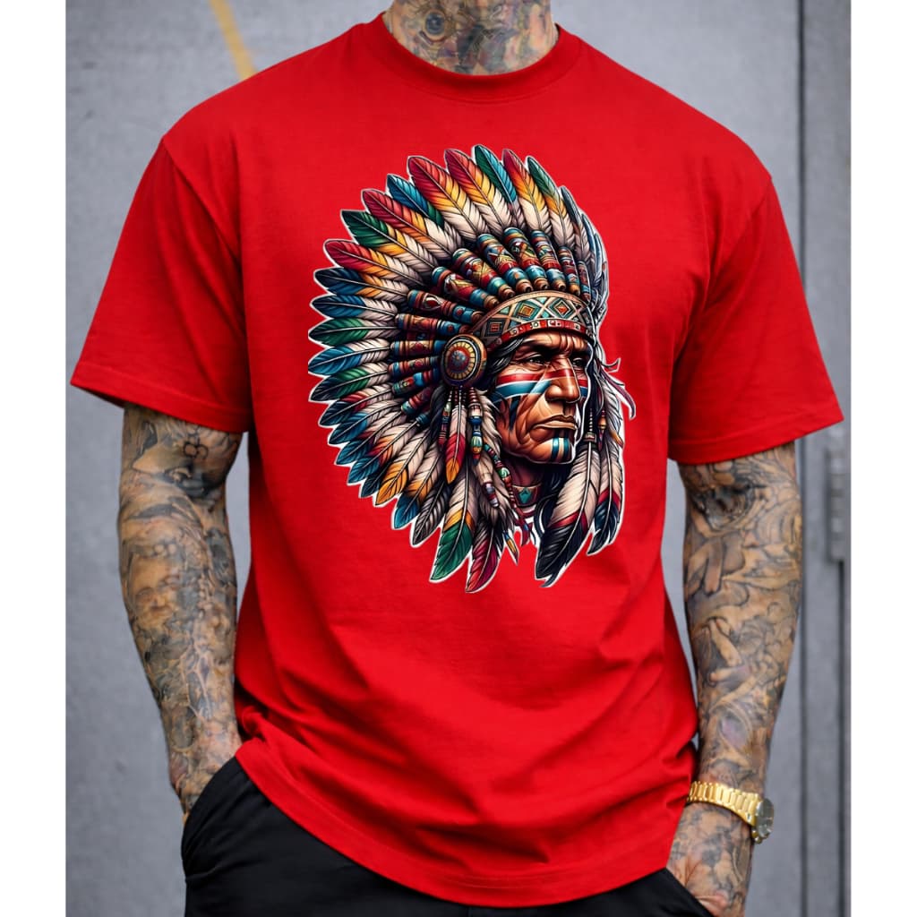 Camiseta Masculina Amarela Estampa Cocar Indígena Colorido Algodão Premium Arte Tribal Exclusiva