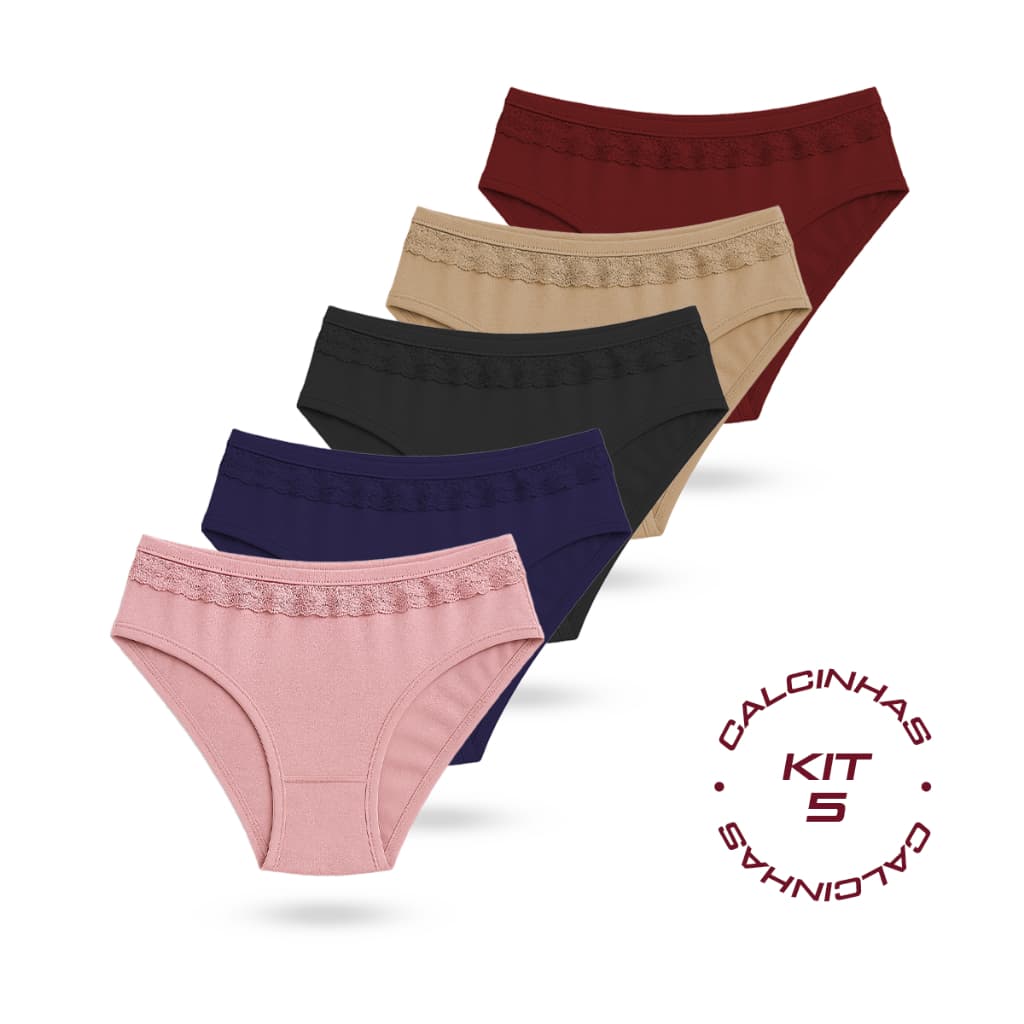 Kit 5 Calcinhas de Renda em Microfibra Forro 100% Algodão Conforto Tanga Premium Feminina