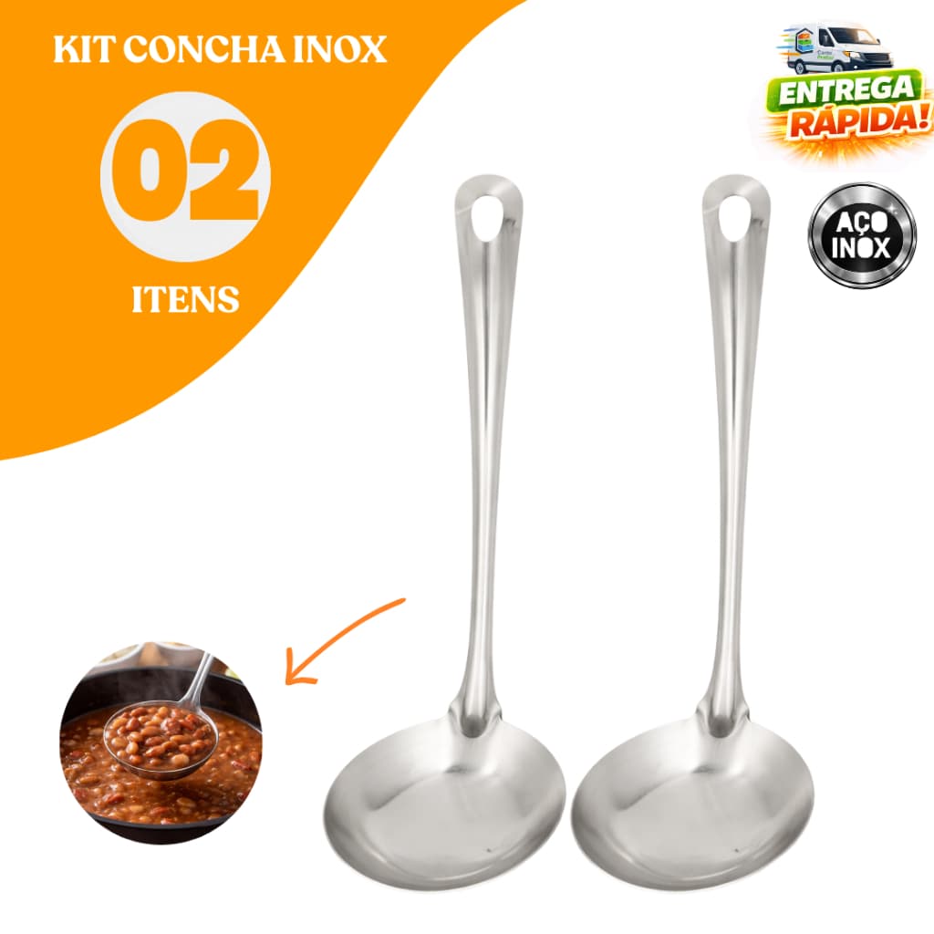 Kit Concha Aço Inox Grande Para Servir Feijão Molhos Caldos Sopas Cozinha Casa Restaurantes Buffets