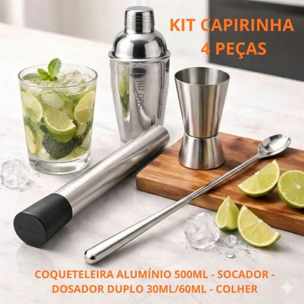 Kit Caipirinha Inox Drinks Coquetéis  Profissional Bar 4 Peças Coqueteleira Bartender