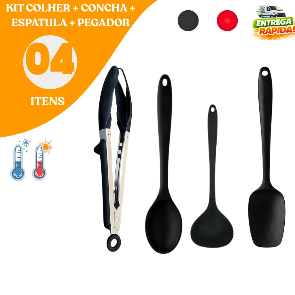 Kit 4 Utensílios de Silicone Premium Para Cozinha Preto Design Moderno e Resistência Restaurante