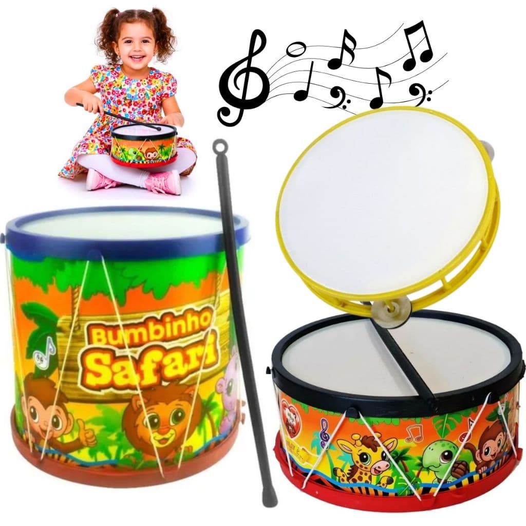 Kit Musical Infantil Brinquedo Tambor Pandeiro Bumbo 5 Pçs