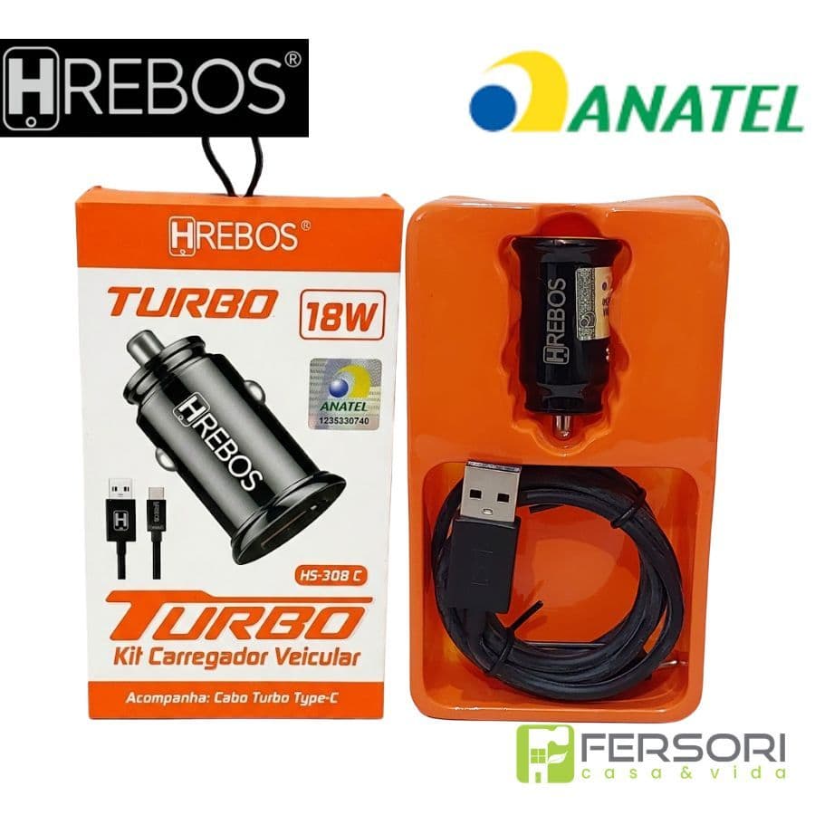 Carregador Veicular Hrebos HB-308C Turbo + Cabo Tipo-C USB-C Original