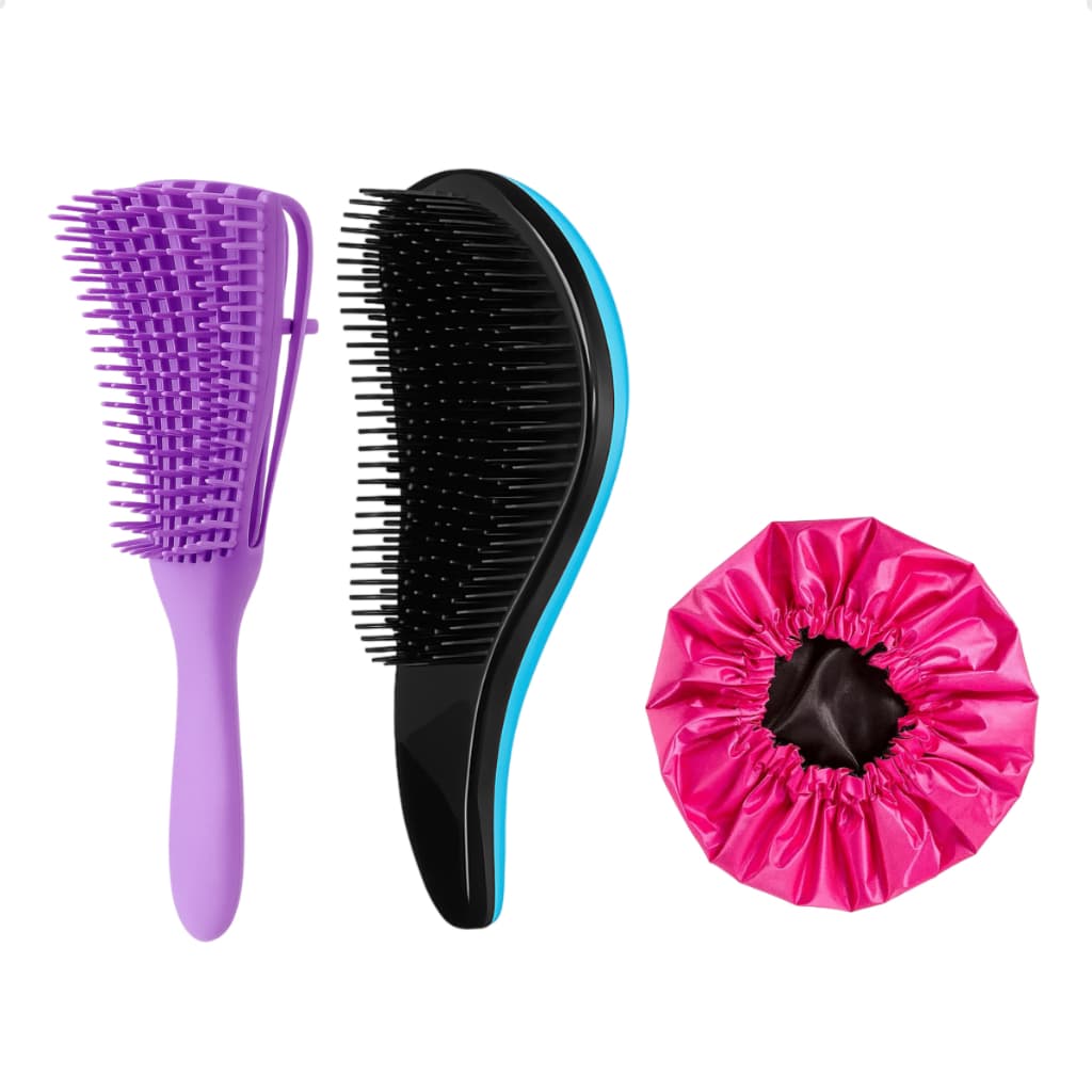Kit Touca De Cetim Banho + Escova Polvo + Escova Magica Desembaraçador Pentear