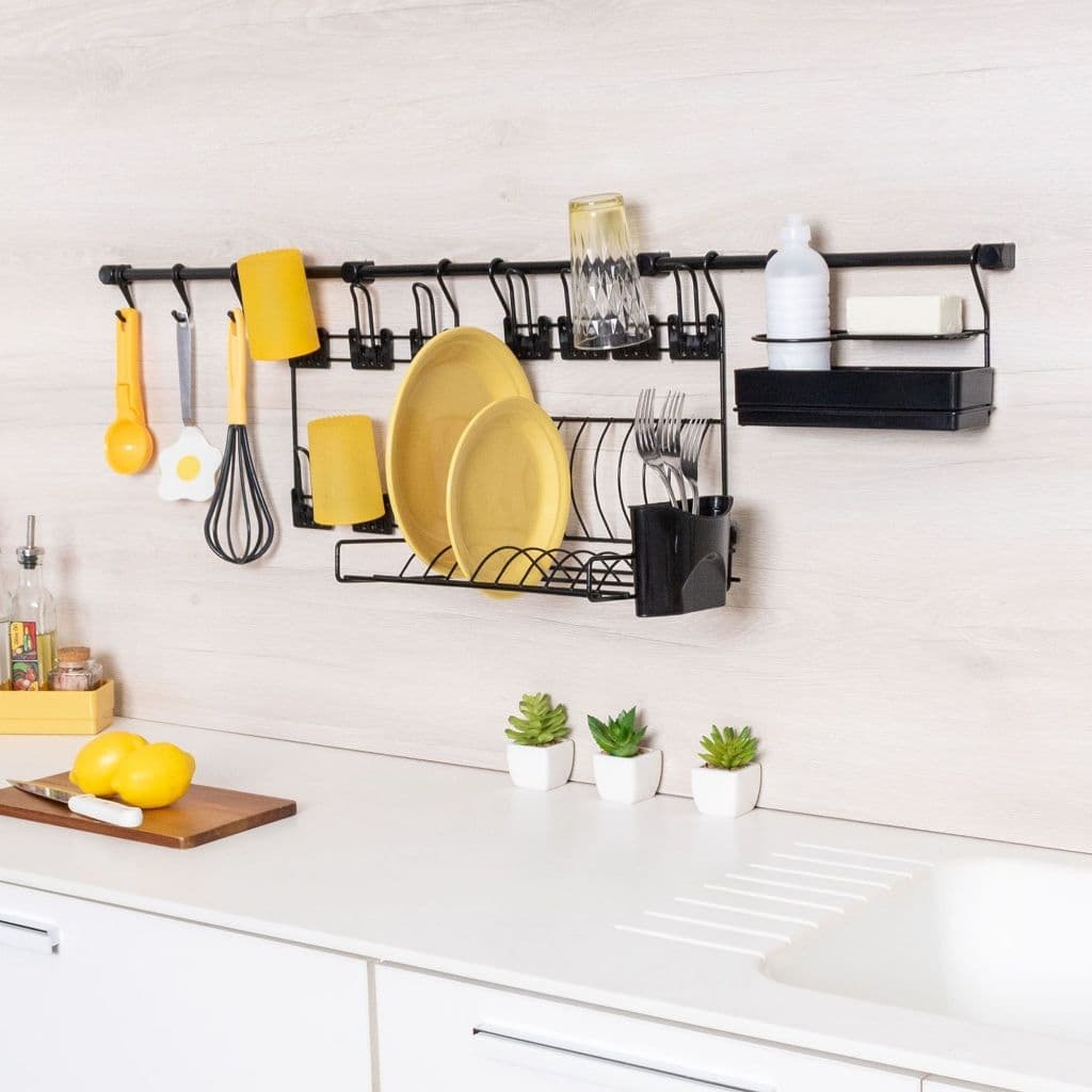 Organizador de Cozinha Suspenso com Escorredor de Louça, Porta Copos, Ganchos e Porta Detergente – Kit 6
