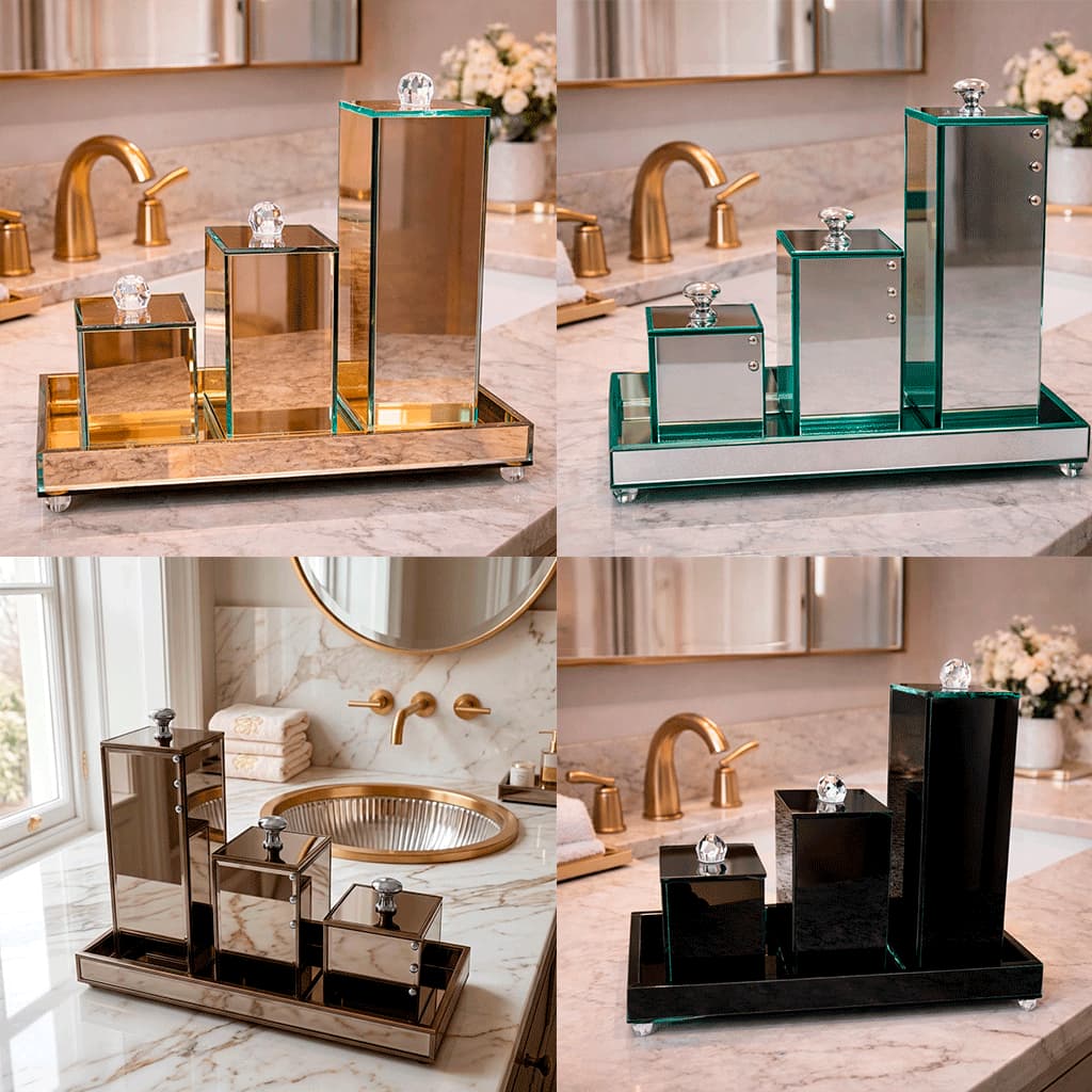 Kit Lavabo Completo Luxo Acessório Banheiro Vidro Premium Moderno 4 Peças Potes + Bandeja