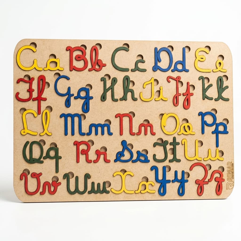 Tabuleiro Alfabeto Letras Cursivas MDF Colorido Brinquedo Educativo Infantil Quebra Cabeça Pedagógico Alfabetização