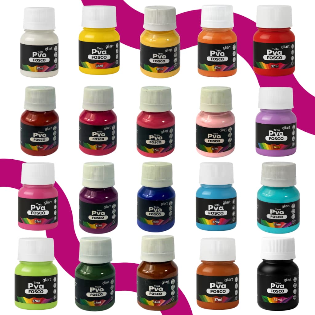 Kit 20 Tintas Pva Fosca 37ml Gliart Para Artesanato Mdf Pintura Diversas Cores Colorido