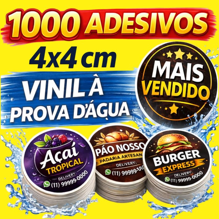 Adesivos Personalizados 4x4 cm Vinil à Prova D'água | 1000 Etiquetas para Sacolas Lembrancinhas Embalagens Mimos Brindes