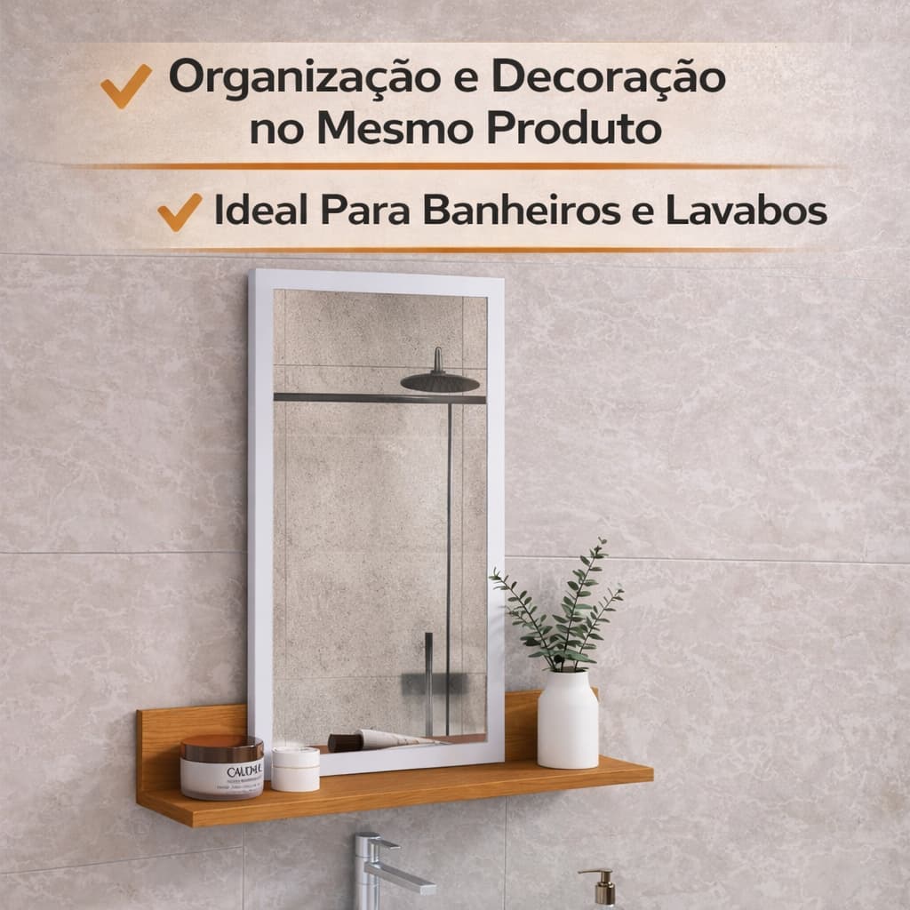 Espelheira Banheiro Com Prateleira Espelho Decorativo Moldura Preta Organizador Parede Moderno MEL