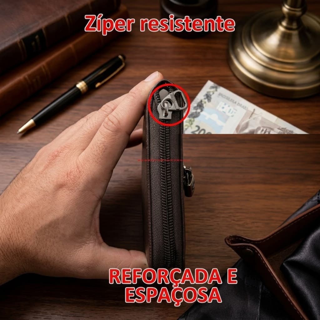 Carteira Masculina Grande Reforçada c/ Zíper 360° Courino Premium Sintética CNH Moedas Cédulas