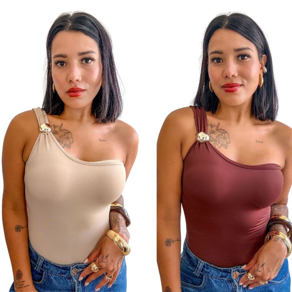 Kit 2 Body Blusa Feminina Poliamida Uma Alça Collant Forrado Moda Blogueira