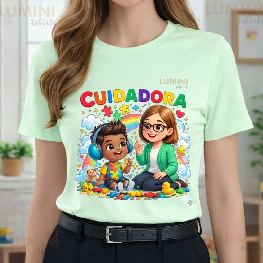 Blusa Tshirt Feminina CUIDADORA E MENININHO Personalizada Escola Educação Infantil Auxiliar Educação Inclusiva