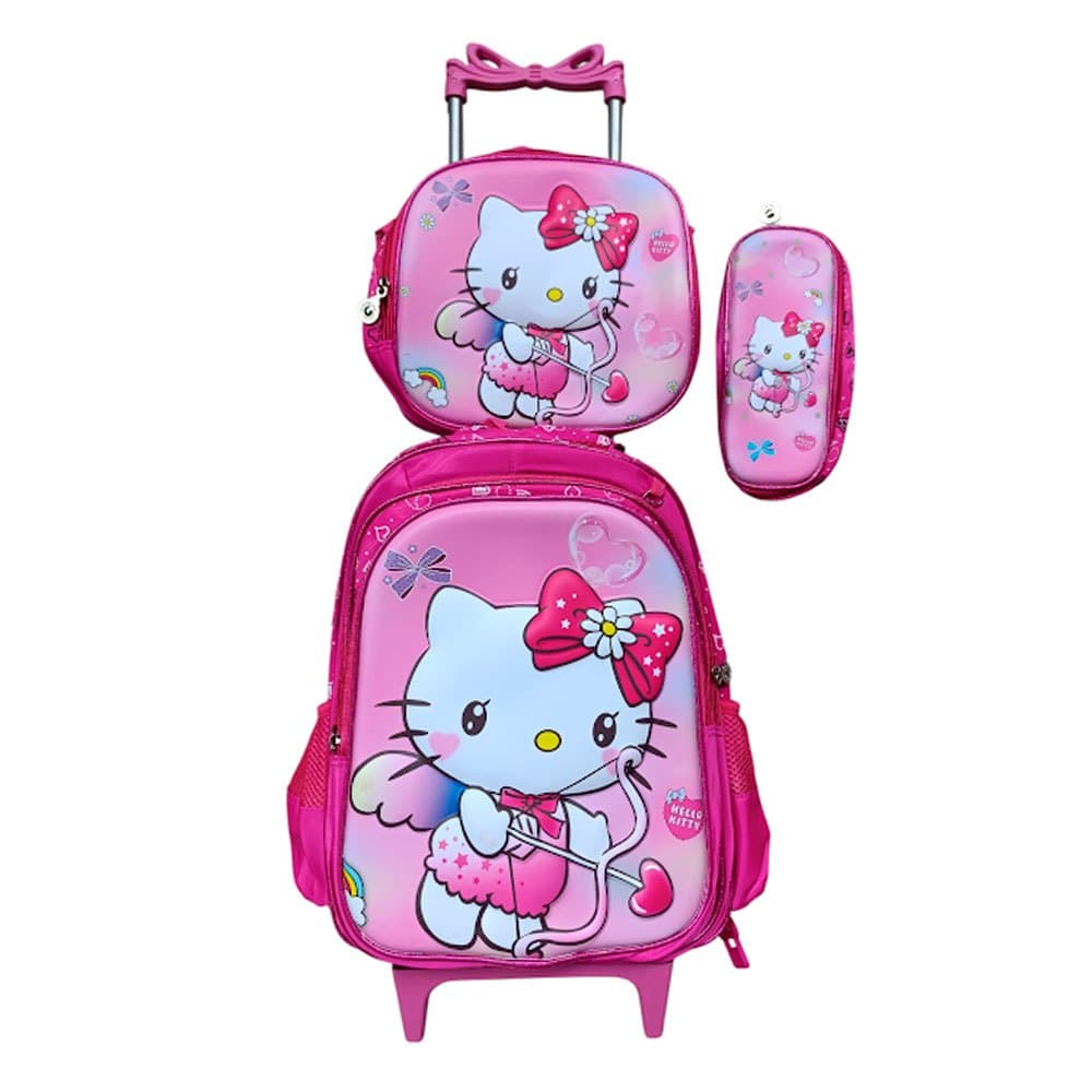 Kit Mochila Hello Kitty em 3D com Rodinhas + Lancheira Térmica + Estojo Escolar em Alto Relevo