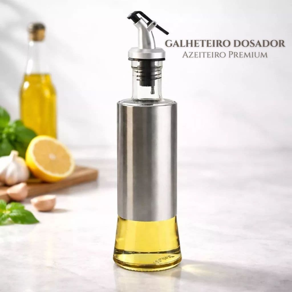 Galheteiro Azeiteiro Premium 300ml Dispenser Bico Dosador Vinagre Azeite Óleo Com Acabamento Em Inox