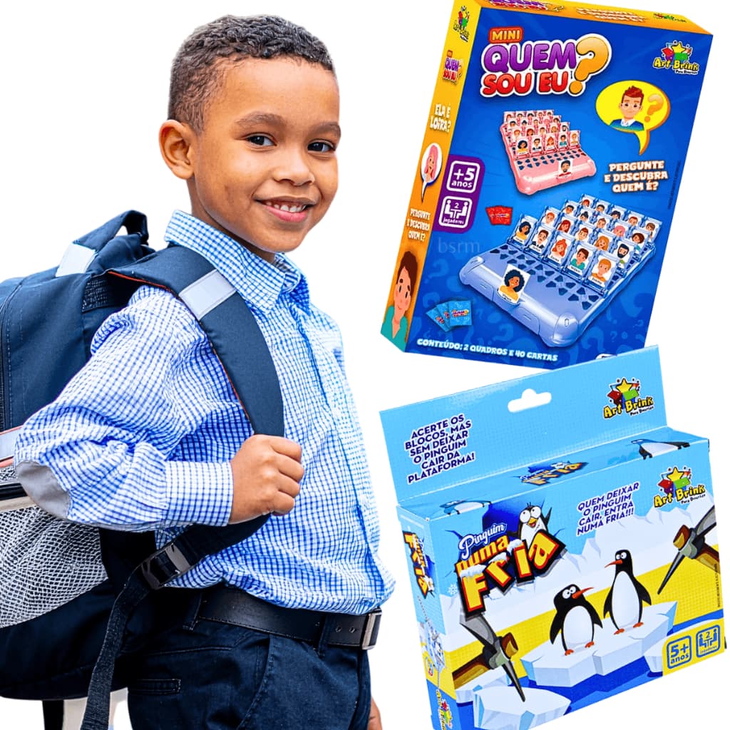 Kit 2 Mini Jogos Infantil Portatil Para Viagem Mochila Pinguim numa fria quebra gelo + quem sou eu
