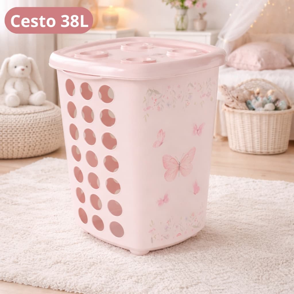 Cesto de Roupa Infantil 38L Tampa Plasútil Baby Organizador Quarto Bebê Safari Verde Borboleta Rosa