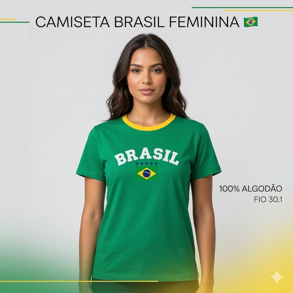 Camiseta Brasil Feminina 100% Algodão Fio 30.1 | Camisa Brasil Seleção Brasileira Estampa DTF