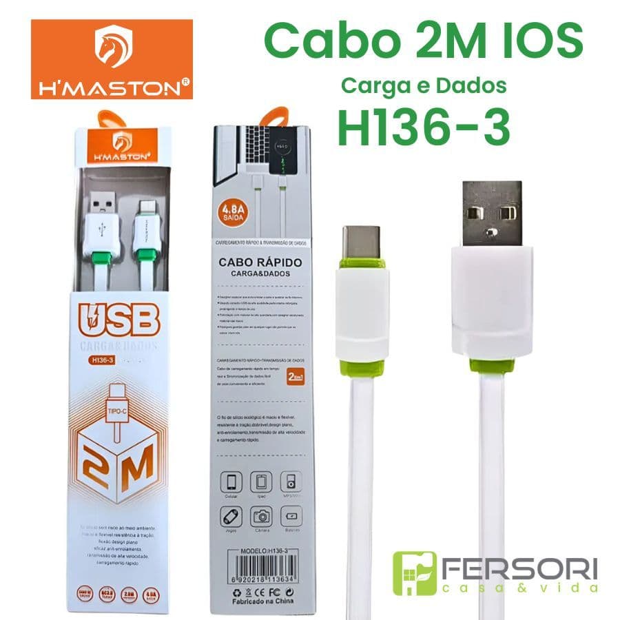 Cabo De Dados E Carga Rápida H'maston H136-3 USB 2 Metros Original