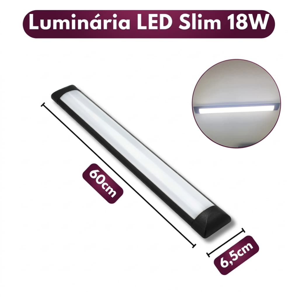 Luminária Tubular Led Slim Preto 18w 60cm 6500k Branco Frio Bivolt 110v/220v