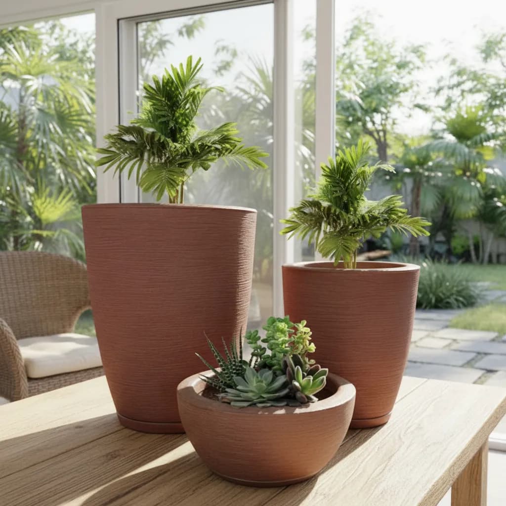 Kit 3 Vasos Coluna Bojo Escovada N°1,2 + Bacia N°1 Polietileno Planta Flor Jardim Varanda Moderno