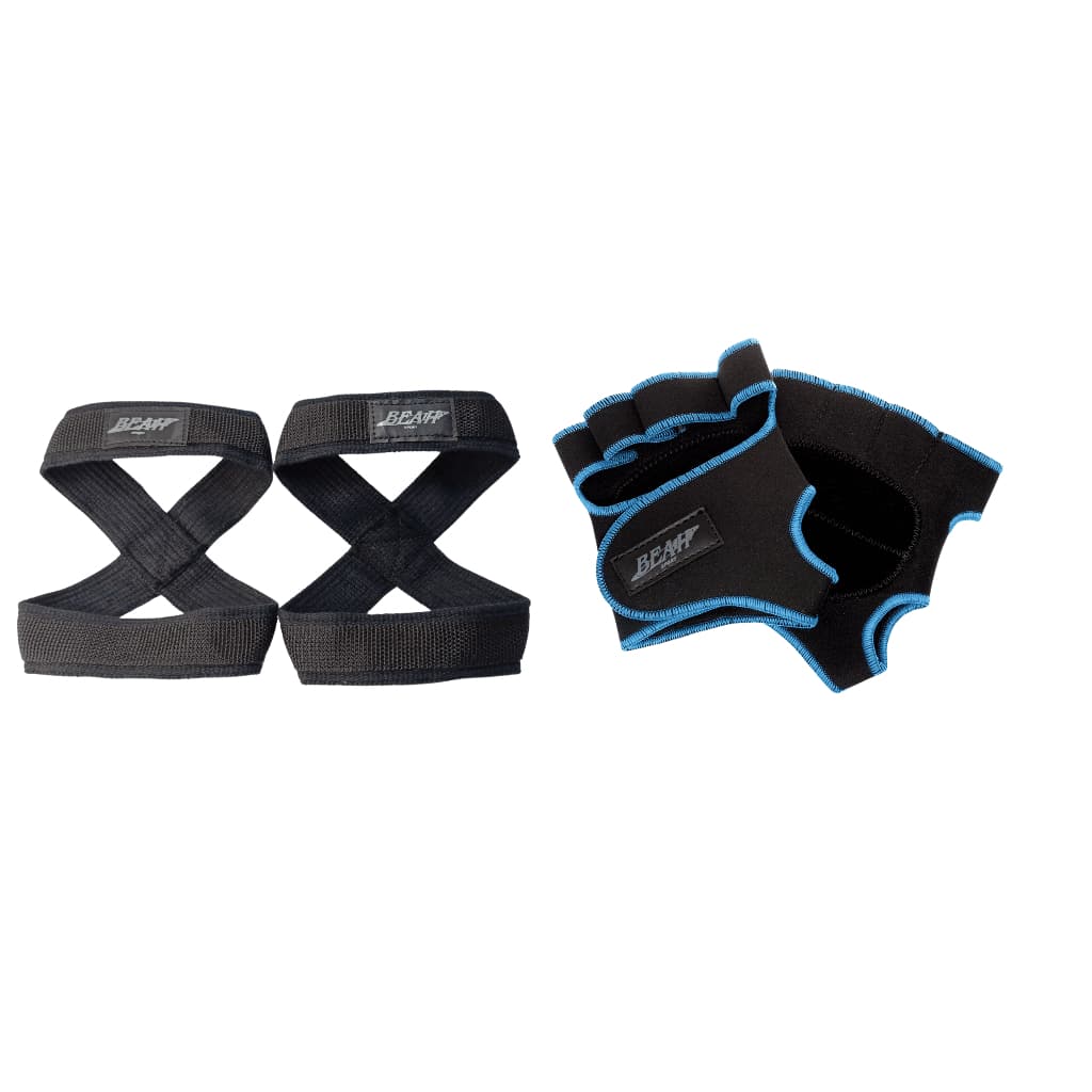 Kit 1 Par De Luvas De Academia Azul + 1 Par de Talas Straps 8 Preto Para levantamento de peso