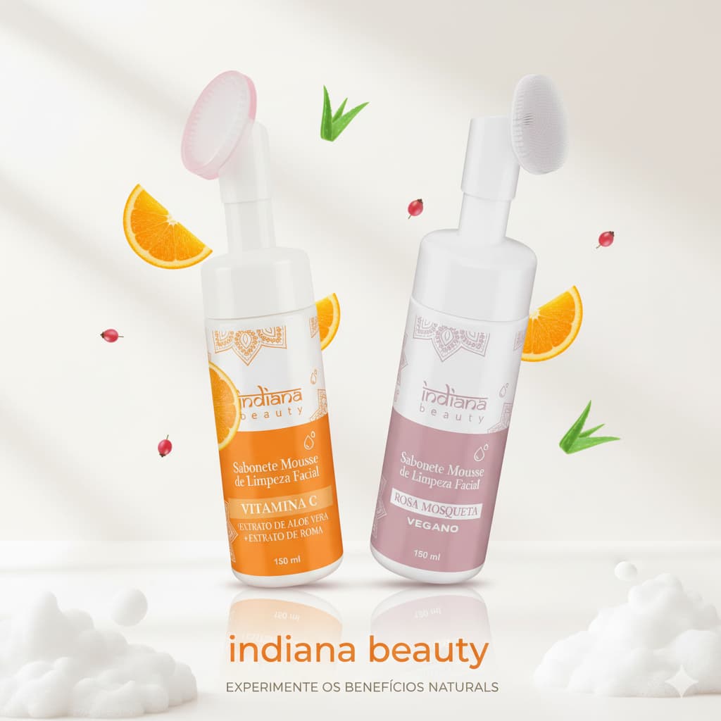 Sabonete Mousse de Limpeza Facial Vitamina C Rosa Mosqueta Indiana Beauty 150ml Extrato Babosa Romã