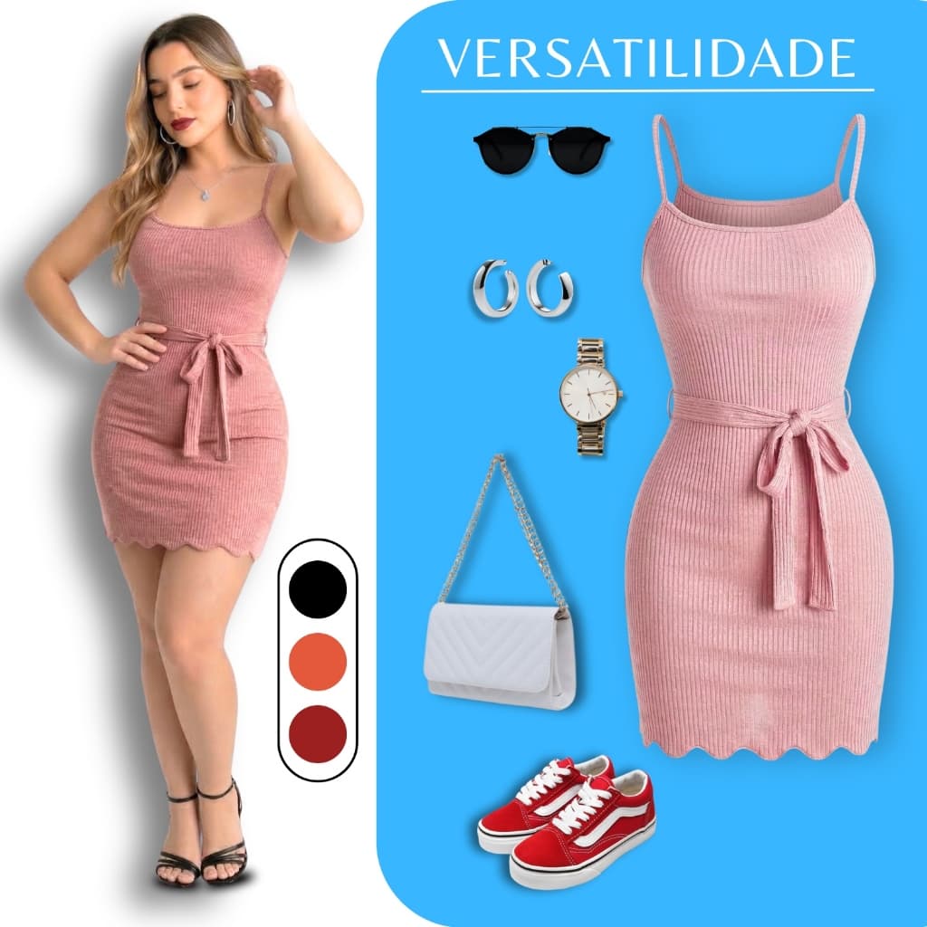 Vestido Feminino Tubinho Curto Com Laço Amarração na Cintura Colado Confortável Barra Nuvem Canelado