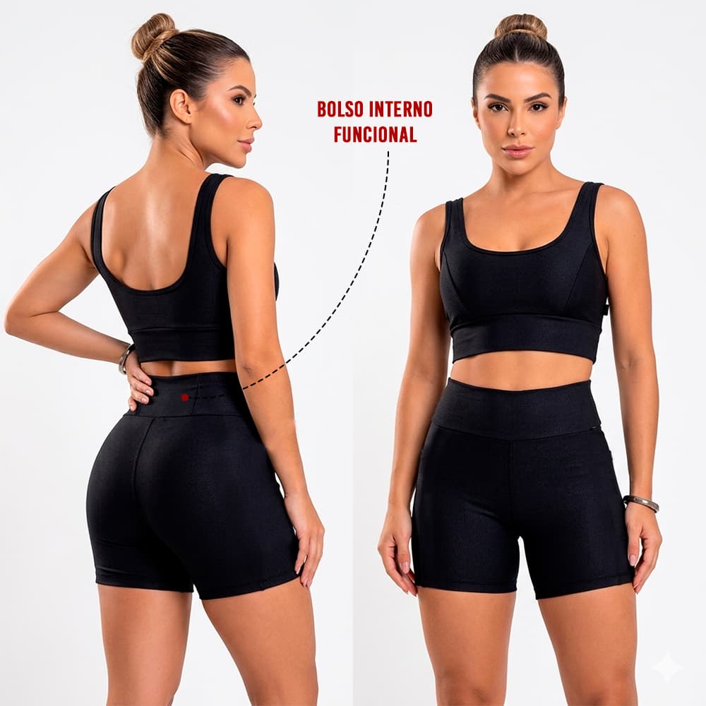 Conjunto Treino Fitness Short + Top Bojo Removível com Bolso Interno Zero Transparência Cintura Alta Preto