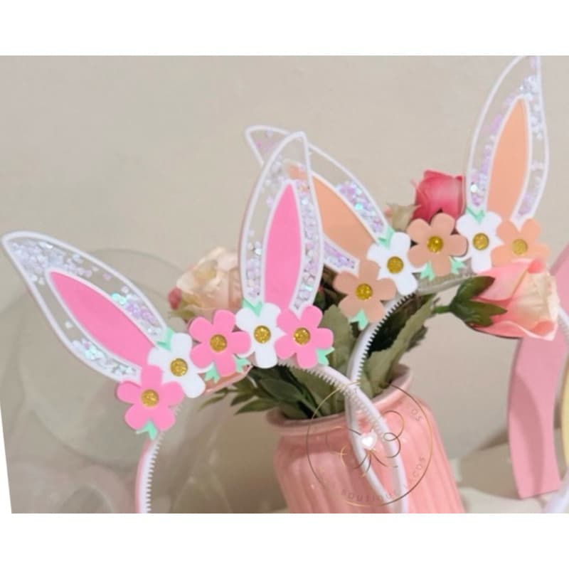Tiara Orelha Coelho Infantil Acrílico Páscoa Orelha de Coelho Flores Rosa e Nude e Glitter Movimento