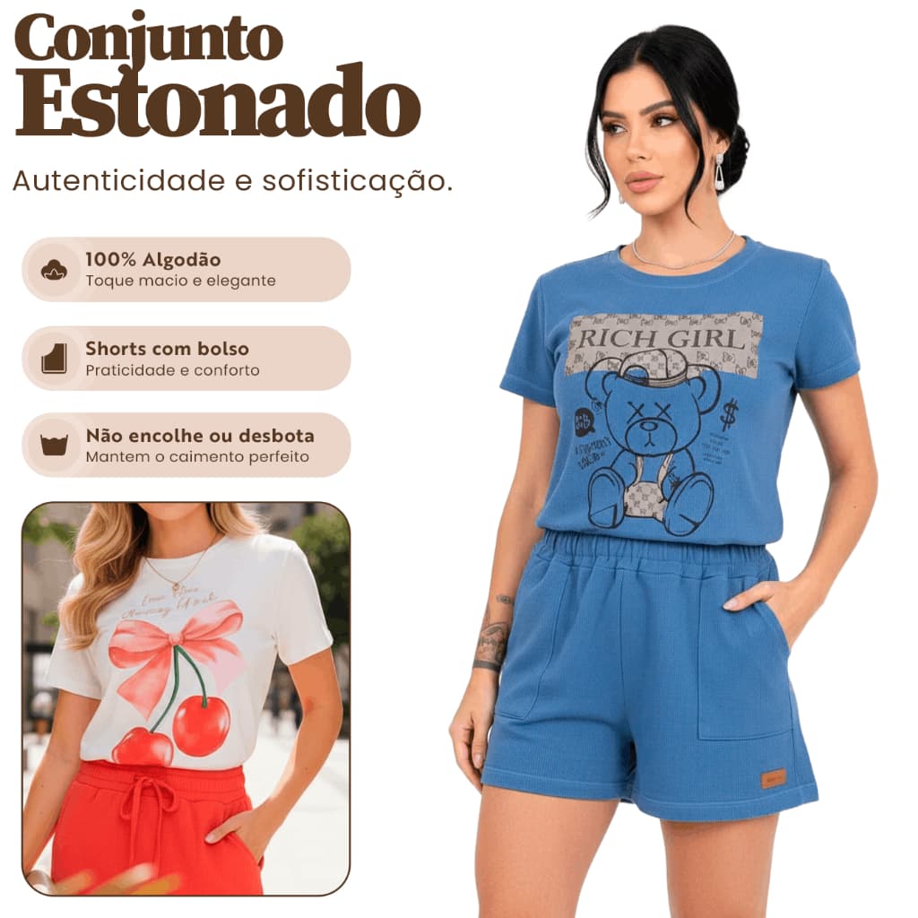 Conjunto Feminino Verão Estonado com Shorts e Camiseta Casual Confortável Look Completo Streetwear Atemporal