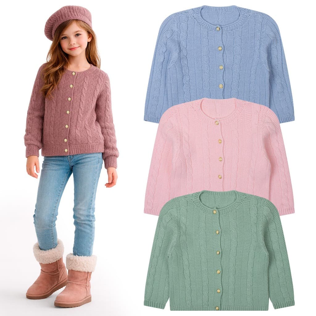 Casaco Cardigan Infantil Tricô Menina com Botões Blusa de Frio Quentinha Inverno 1 ao 10