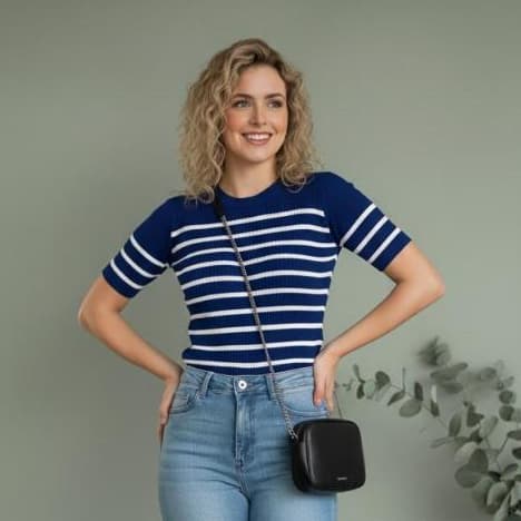 Blusa T-Shirt Feminina Básica Tricot Listrada Manga Curta Gola Redonda Elegante Moda Tshirt T Shirt