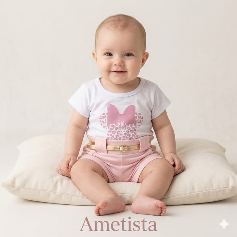 Kit 3 peças Bebê Menina T-shirt Branca Estampada  + Short Colorido + Cintinho Fofo Conjunto Infantil Malha 100% Algodão