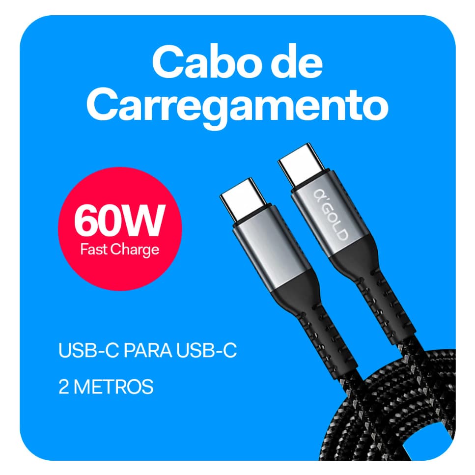 Cabo De Carregador TURBO USB Tipo-C x Tipo-C PD 60W  - 2 METROS