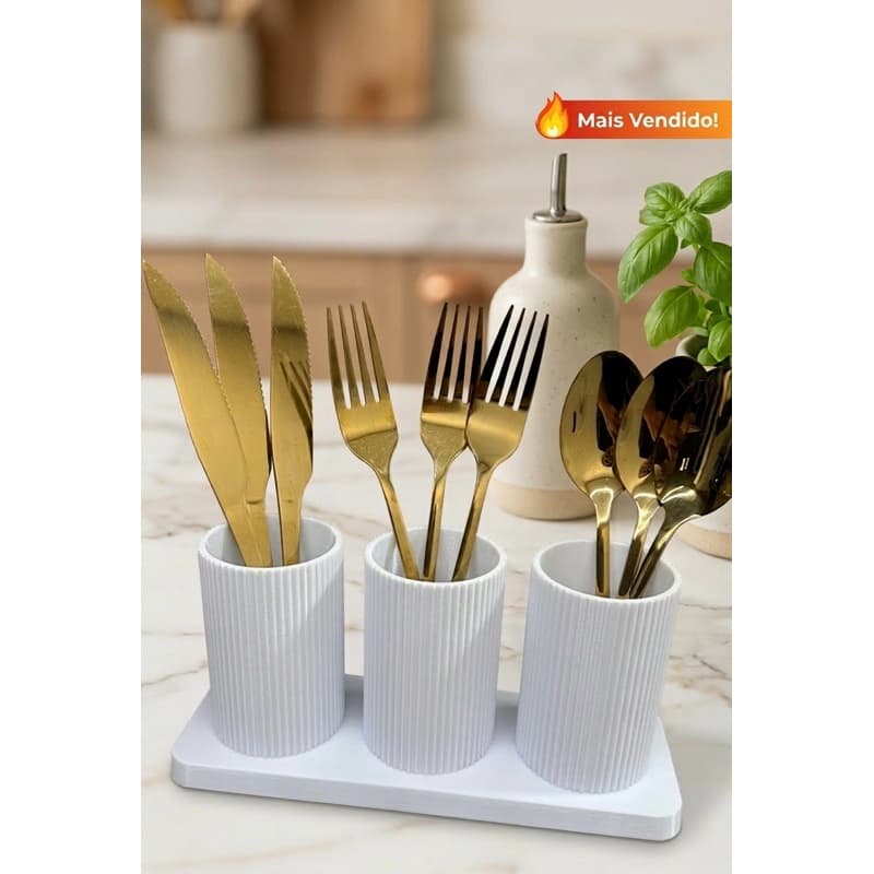 Porta Talheres Organizador de Cozinha 3 Divisórias Moderno Porta Utensílios Bancada Luxo