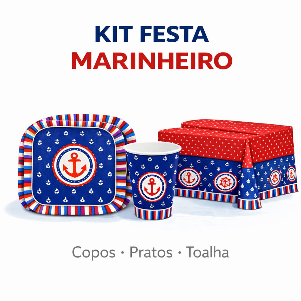 Kit Festa Marinheiro Infantil 20 ou 40 Itens com Pratos Copos e Toalhas Junco