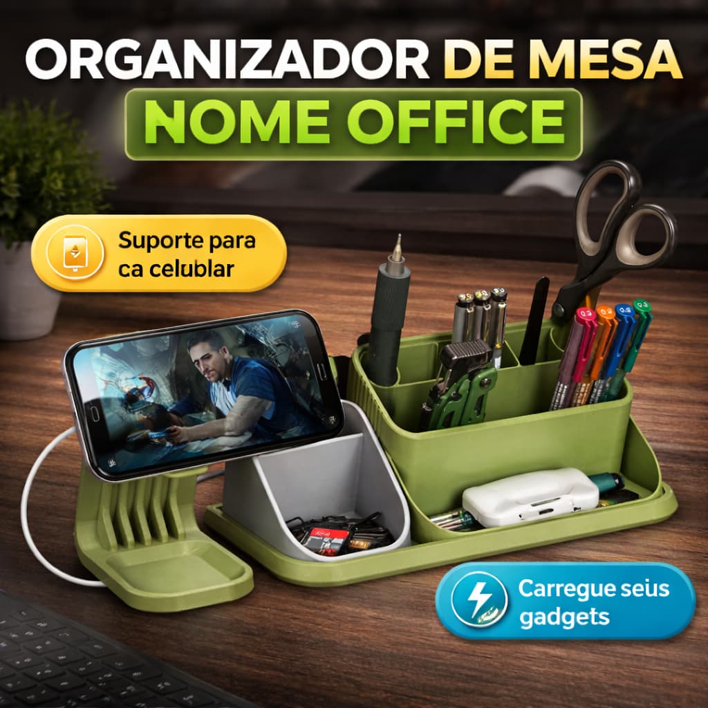 Organizador de Mesa Home Office com Suporte para Celular e Carregamento por Indução | Porta Canetas Multiuso | Organizad