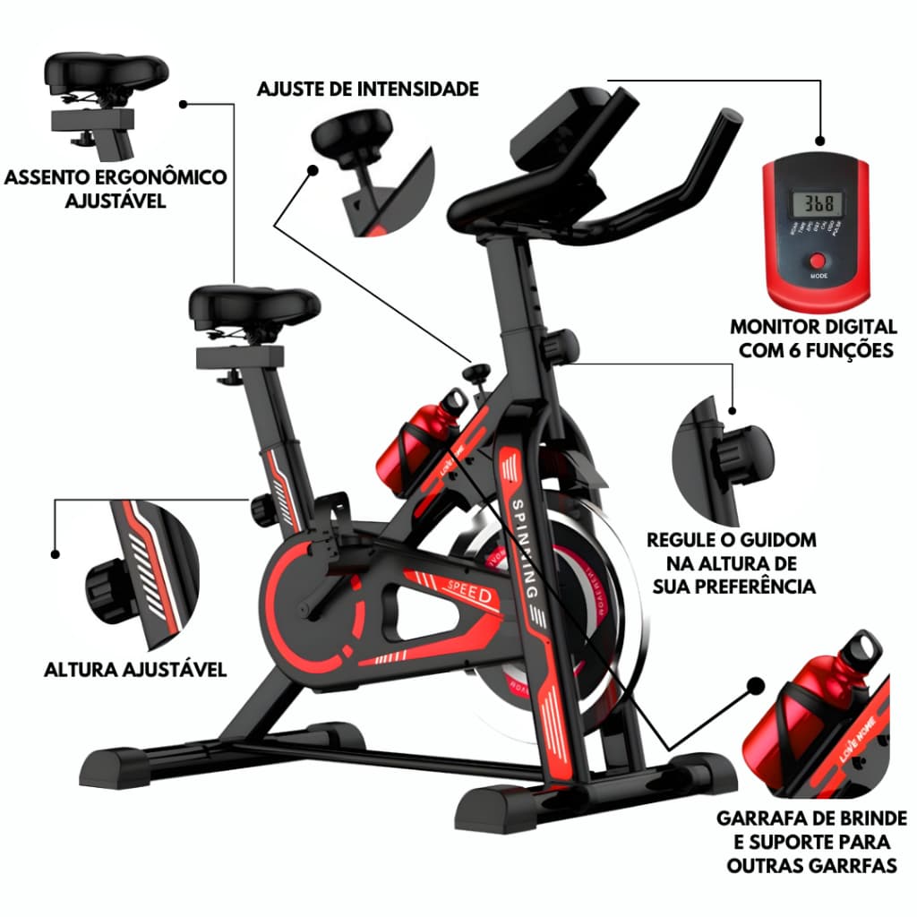 Bicicleta Bike Ergométrica Spinning Profissional Academia Ajuste Carga Roda Inércia Monitor Digital