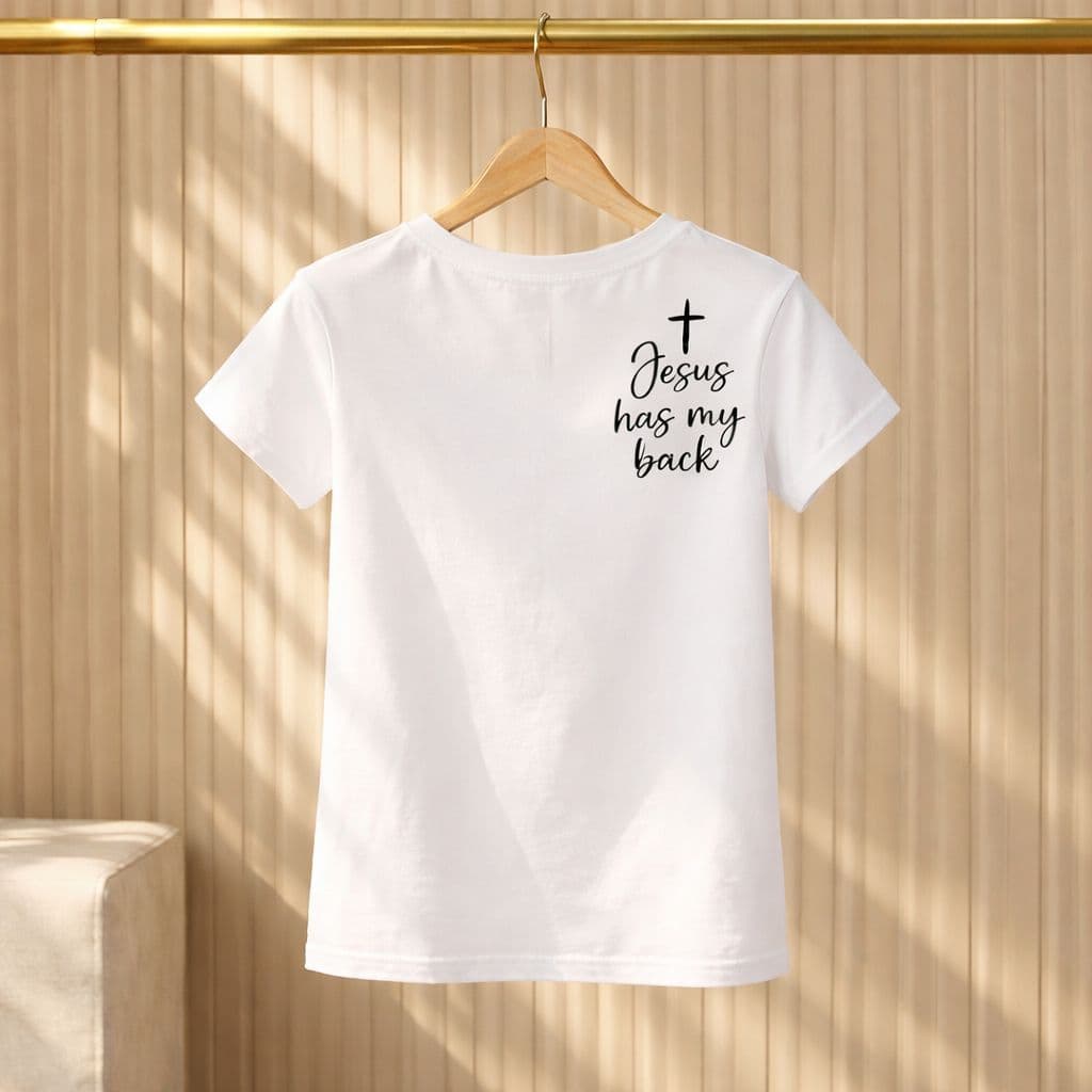 Camiseta Jesus Has My Back - Jesus é Meu Apoio - Tamanho Unico Branca