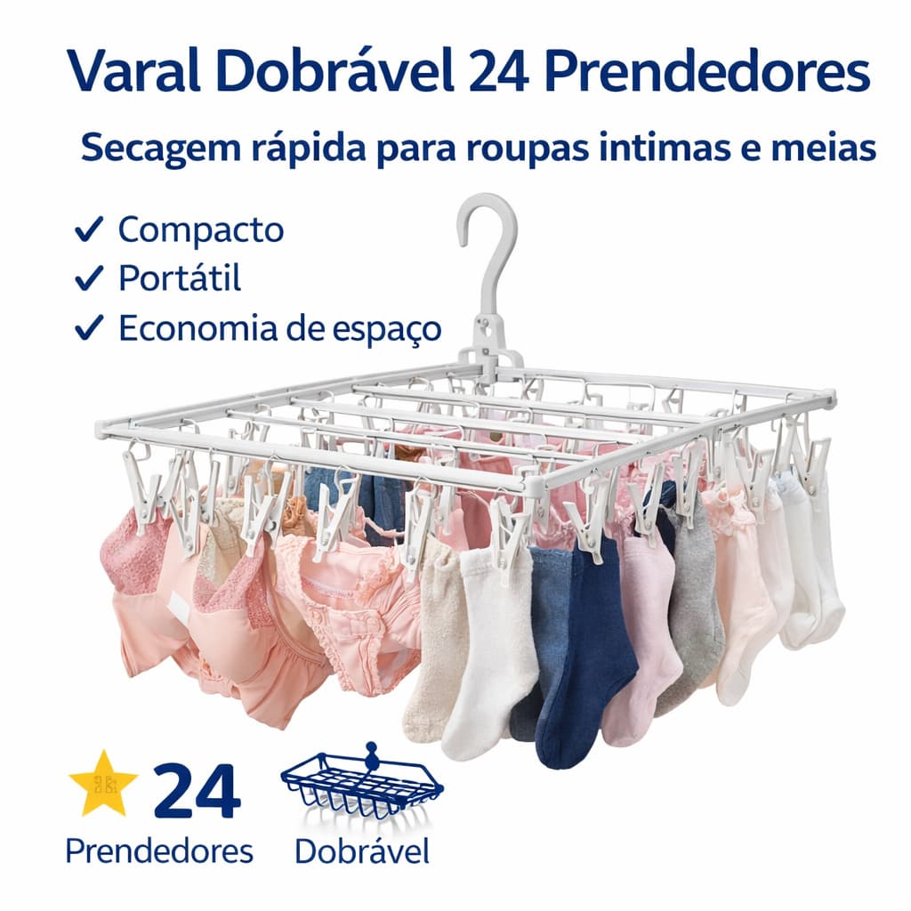 Varal Dobrável Compacto 24 Prendedores para Roupas Íntimas, Meias e Peças Delicadas | Varal Portátil Secagem Rápida