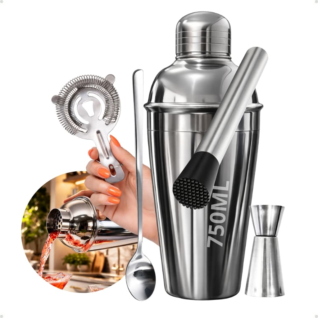 Kit 750 5 peças Coqueteleira Profissional Barman Inox Socador Dosador Coador Strainer
