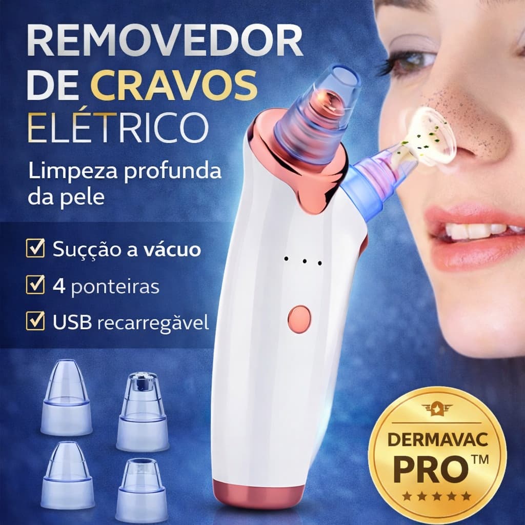 Removedor de Cravos Elétrico a Vácuo Limpeza Facial Profunda DermaVac Pro USB 4 Ponteiras