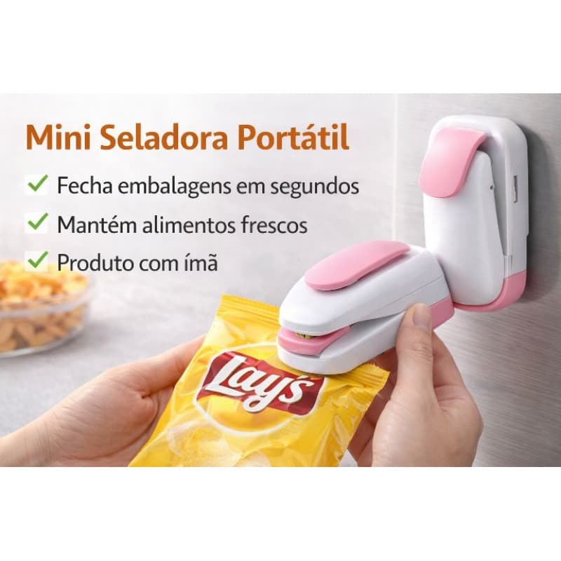 Mini Seladora Portátil com Ímã – Fecha Embalagens em Segundos | Seladora de Pacotes Cozinha