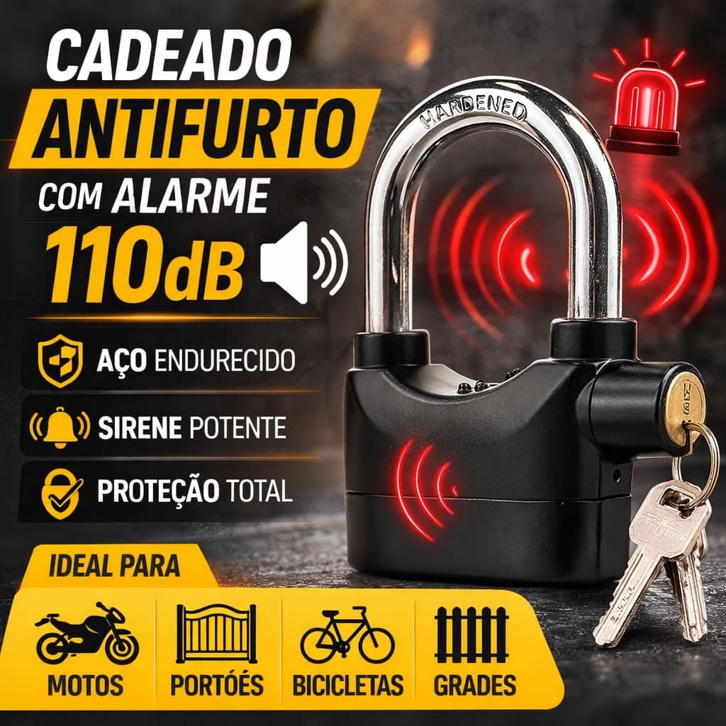 Cadeado com Alarme 110dB Antifurto Ultra Resistente Aço Endu