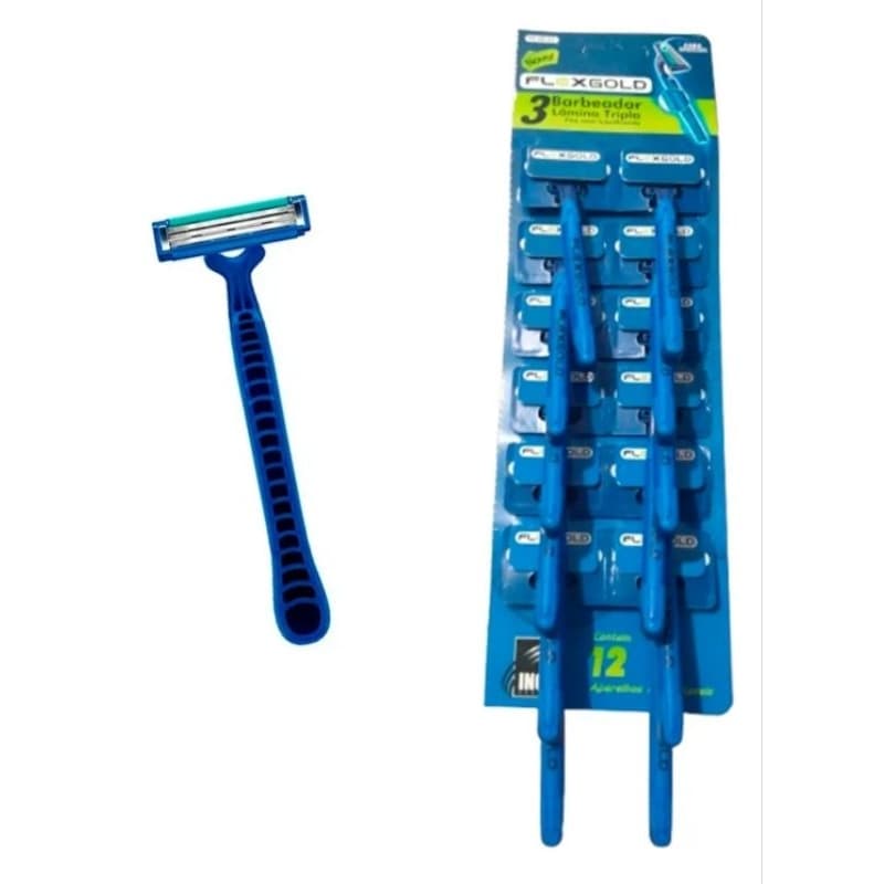Barbeador Masculino e Feminino Triplo Fita Lubrificante Azul Cartela 12 Unidades ou 24 Unidades - Flex Gold