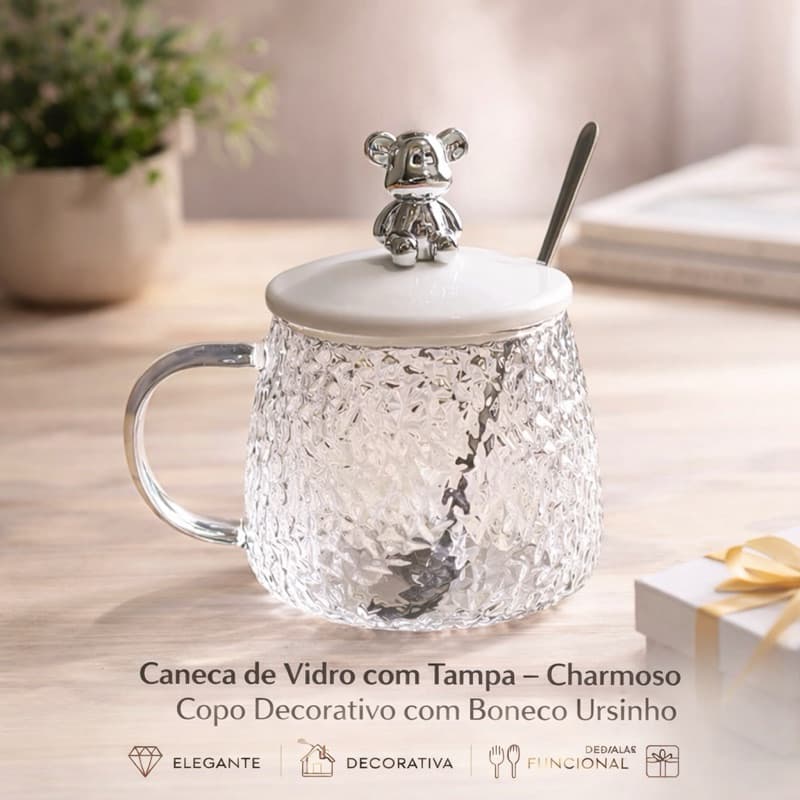 Caneca de Vidro com Tampa e Colher – Copo de Vidro Elegante para Café, Chá ou Leite