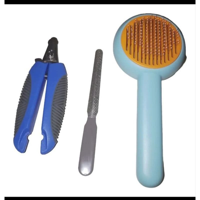 KIT HIGIENE PETS COM ALICATE, LIXA E ESCOVA DE BANHO.